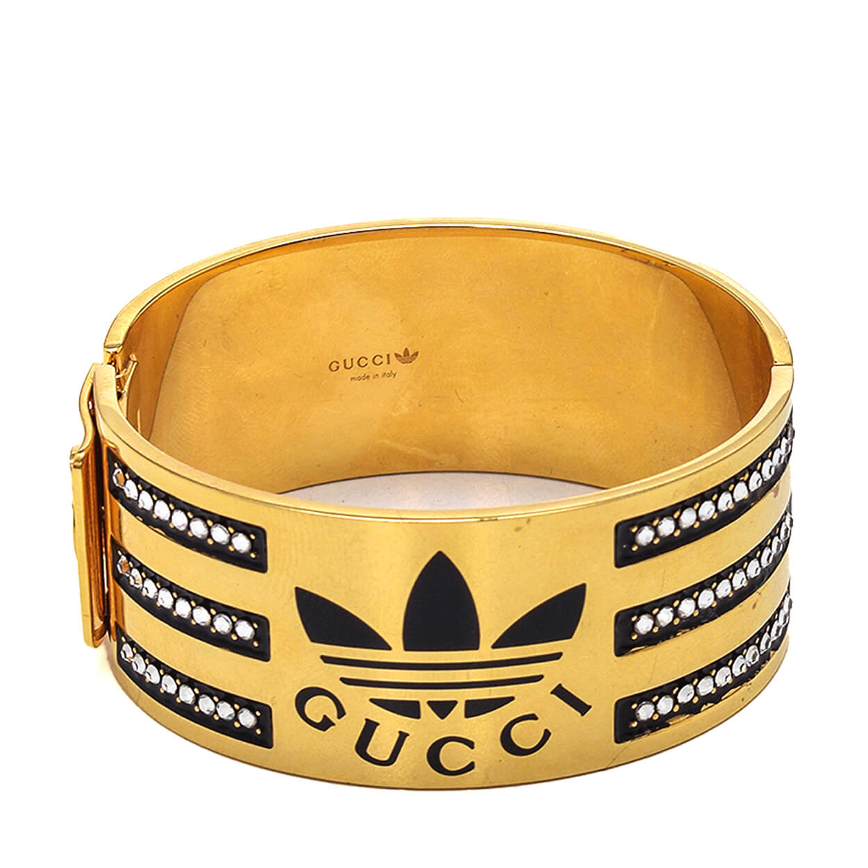 Gucci - Adidas x Gucci Gold Tone Metal Enamel Trefoil & Crystal Cuff Bracelet